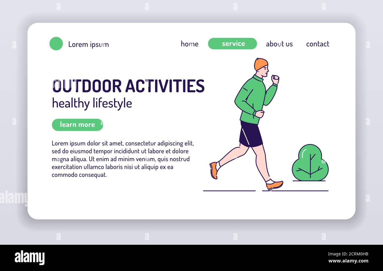 L'uomo sta correndo nel banner web del parco. Allenamento all'aperto. Carattere cartoon isolato su sfondo bianco. Concetto per pagina web, presentazione, smm, annuncio Illustrazione Vettoriale