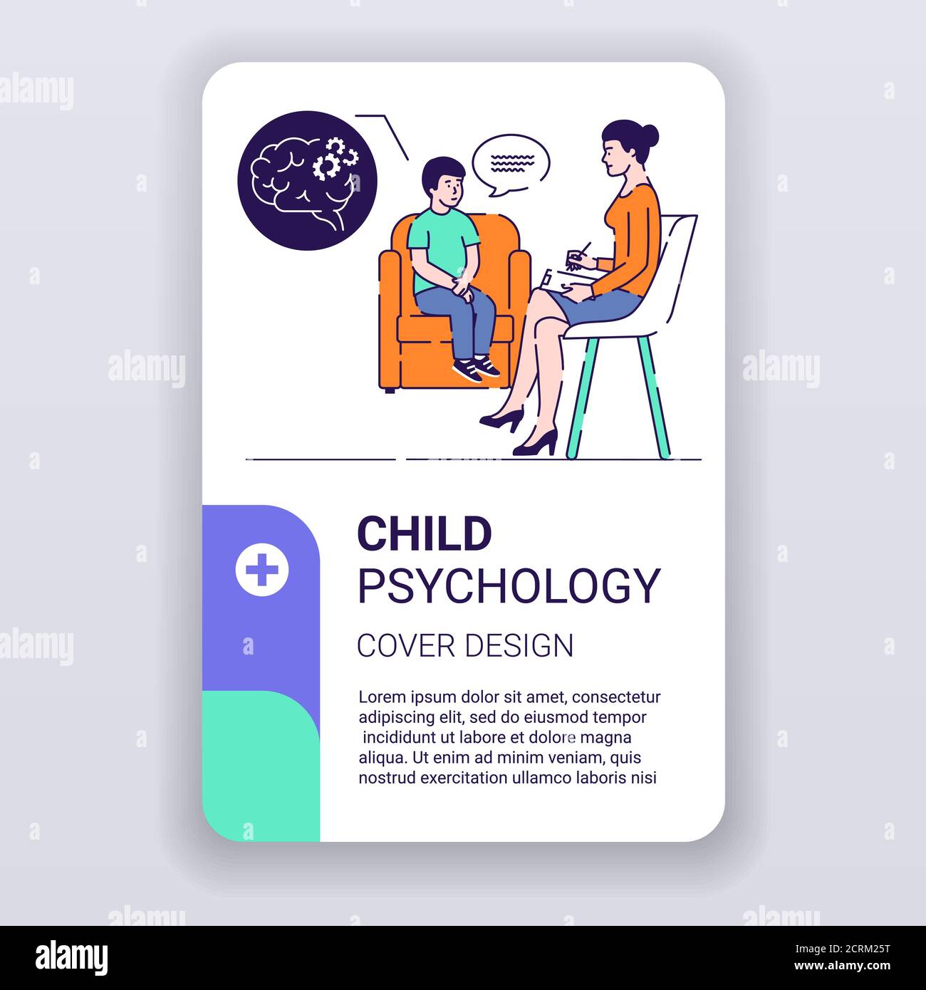 Modello di brochure di psicologia infantile. Progettazione di coperture di consulenza per psicoterapia. Poster della rivista sulla salute mentale. Stampare il disegno con illustrazioni lineari Illustrazione Vettoriale