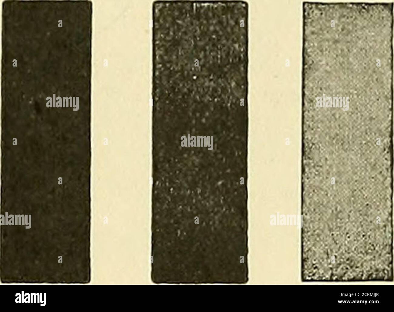 . Radiografia e radioterapeutica . Fig. 344.-confrontando la striscia umida con la scala standard, utilizzando il vetrino. Fig. 345.-confronto della striscia secca senza vetrino. Un'ora in diversi cambi d'acqua o in acqua corrente. Diversi stripspossono essere sviluppati o fissati contemporaneamente utilizzando un vaso sufficientemente grande. La scala standard consiste di nove tinte diverse, contrassegnate con 0, , 1, 2,3, 4, 5, 7, 10. La tinta indicata con 1 è da considerarsi l'unità, ed è denotata da 1 x. È la metà del valore della dose richiesta per produrre un'unità in KIENBOCK QUANTIMETER 431. Fig. 346.-strisce semplici, esposte e dev Foto Stock