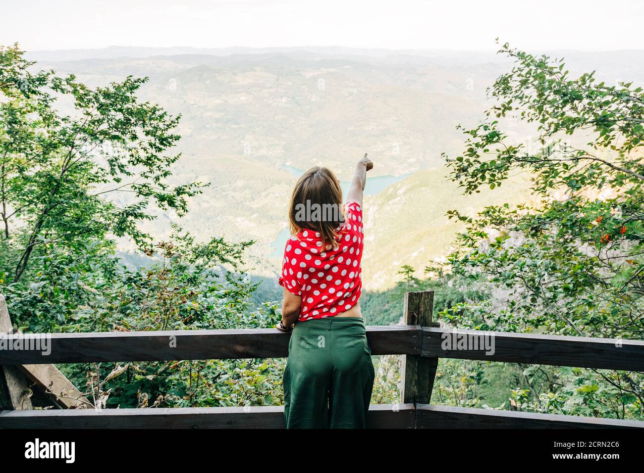 Giovane donna natura esploratore godendo la vista dal punto di vista di montagna Foto Stock