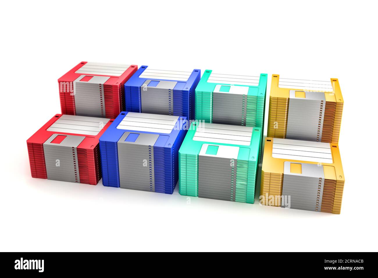 Un sacco di nuovissimi floppy disk colorati. Rendering 3D Foto Stock