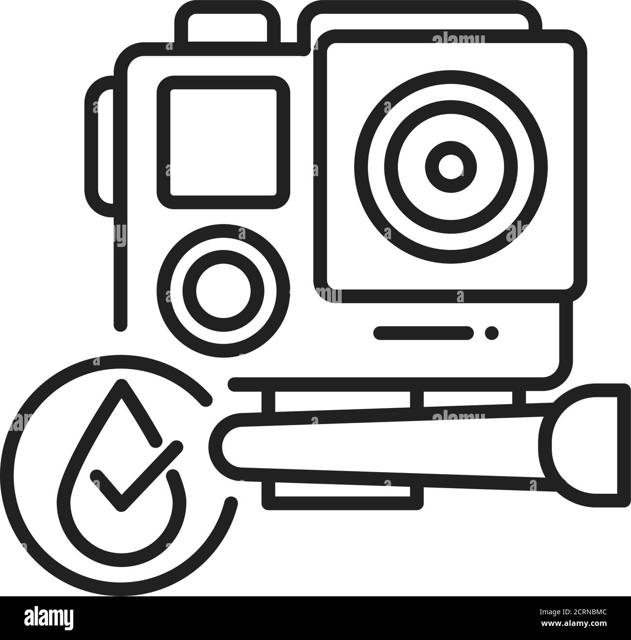 Icona della linea nera dell'Action Camera impermeabile. Concetto di dispositivo elettronico idrorepellente. Pittogramma per pagina web, app mobile, promo. Schermata UI UX. Utente Illustrazione Vettoriale