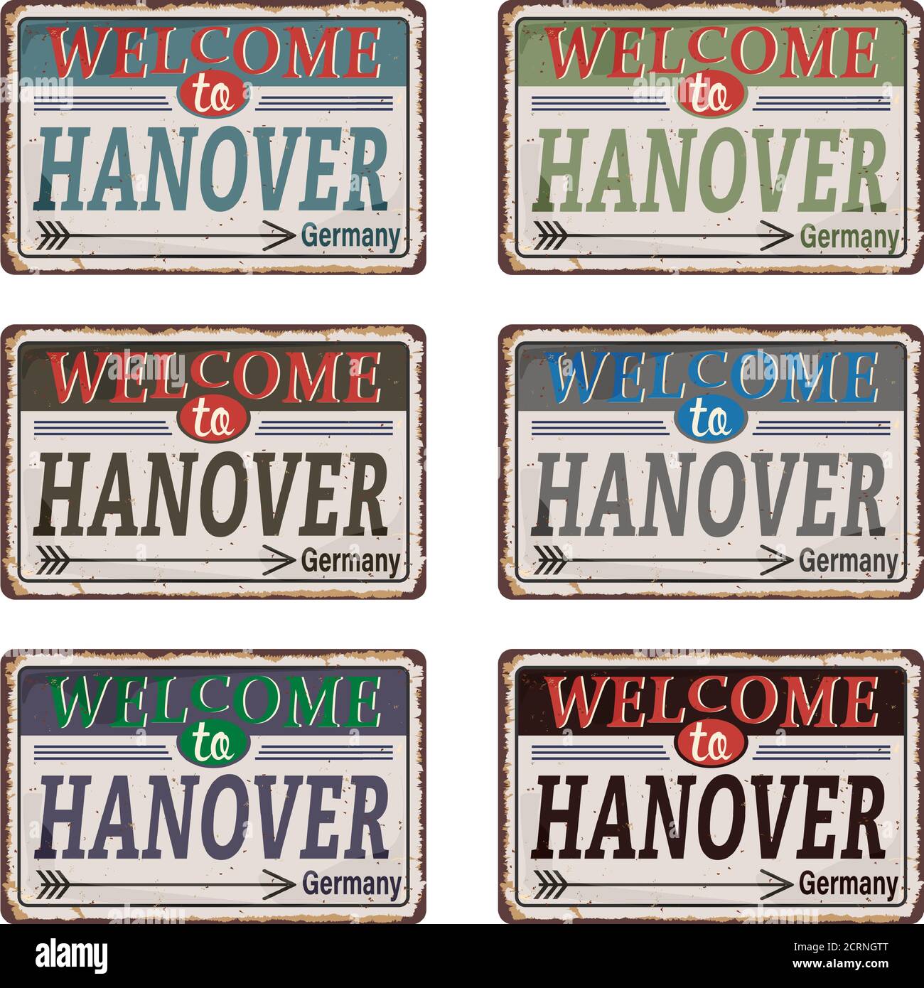 Collezione d'insegna in stagno retrò con la città tedesca di Hannover. Vintage vettore ricordo segno o modelli di cartolina Illustrazione Vettoriale
