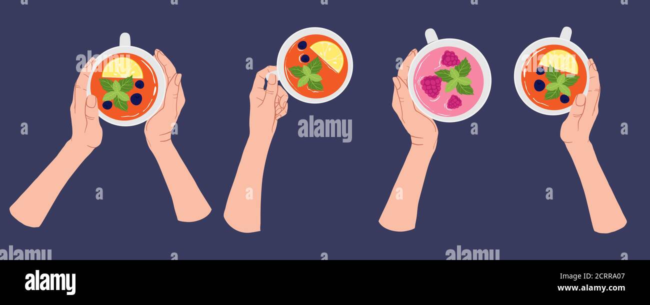 Mani in diverse pose che contengono una tazza di tè bianco con limone, menta e bacche. Vista dall'alto. Collezione vettoriale in stile cartoni animati piatti. Pausa tè, tazza tazza Illustrazione Vettoriale