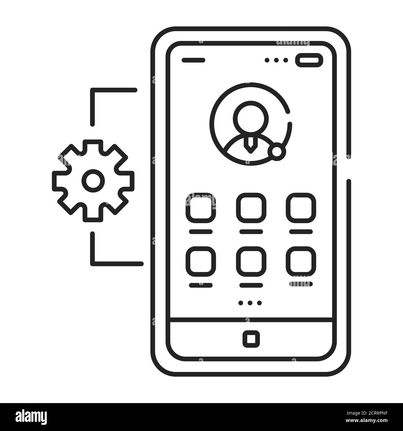 Icona della linea nera per la gestione delle applicazioni mobili. Descrive software e servizi responsabili del provisioning dell'accesso alle app mobili sviluppate internamente Illustrazione Vettoriale
