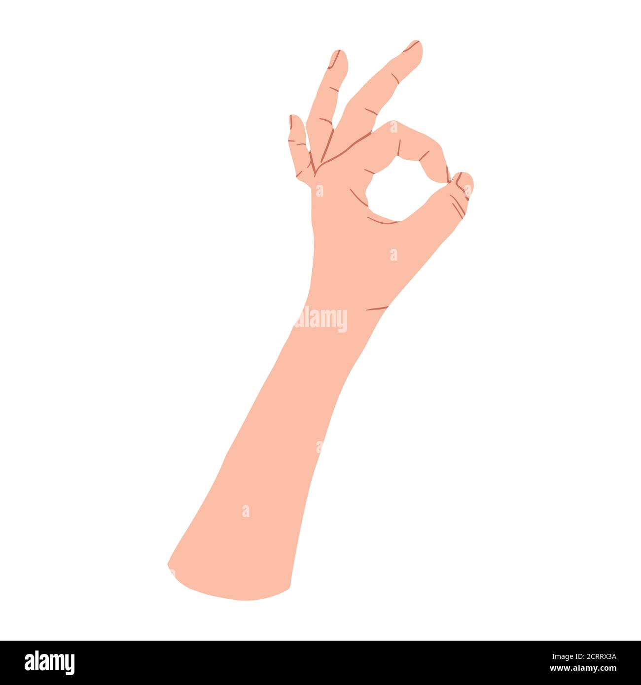 Simbolo di movimento della mano OK. Disegno piatto vettoriale in stile cartoon. Isolato su sfondo bianco. Illustrazione Vettoriale