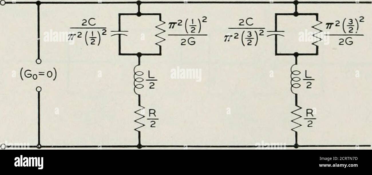 . Il perno tecnico Bell System . la stessa linea con i terminali svfar aperti (Fig. 8). Per ottenere una rete del primo tipo, vvithbranches in parallelo, ci occupiamo della funzione di ammissione. Y = Yo tanh r (1-14) le singolarità di Y si trovano tra gli zeri di coth r, che si verificano in r = iirin + i), n = 0, ± 1, ± 2, ± 3, • • (1-15) i punti p = -R/L e - G/C sono entrambi punti regolari tliis time.{ - G/C è uno zero di F.) Le singolarità sono semplici poli, come prima, senza residui, ^ (1-16) e - Zoip„)T{p^) come prima. Le diramazioni di rete per i poli complessi sono quindi obtaedmero da p Foto Stock