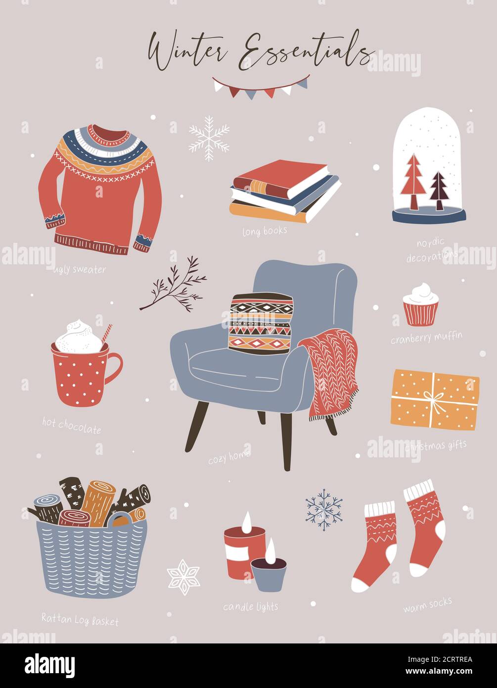 Nordic, elementi invernali scandinavi e Hygge Concept design, Merry Christmas card, banner, sfondo, illustrazioni vettoriali disegnate a mano Illustrazione Vettoriale