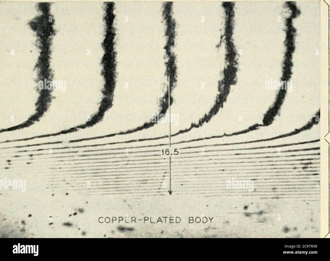 . La rivista tecnica Bell System . 0.05 00.10 V i -(«- - 16-^^- crm 1- LU i- z LUU ZX 0.05 00.10 1 / i i 1 i V 1 - 17- ^- 0.05 V -e-- -16.5- ^ 10 20 30 40 n Fig. 8 – Valutazione del pattern di frangia di interferenza su una giunzione p-n inscritta. MISURA DI INTERFERENZA DI STRATI SUPERFICIALI SOTTILI 1219. CORPO PLACCATO IN RAME SUPERFICIE ORIGINALE OFGERMANIUM BEVELEDSURFACE FIG. Valutazione del modello di frangia di interferenza su una giunzione p-n placcata Cu. • *i«^^Nfciiir Foto Stock
