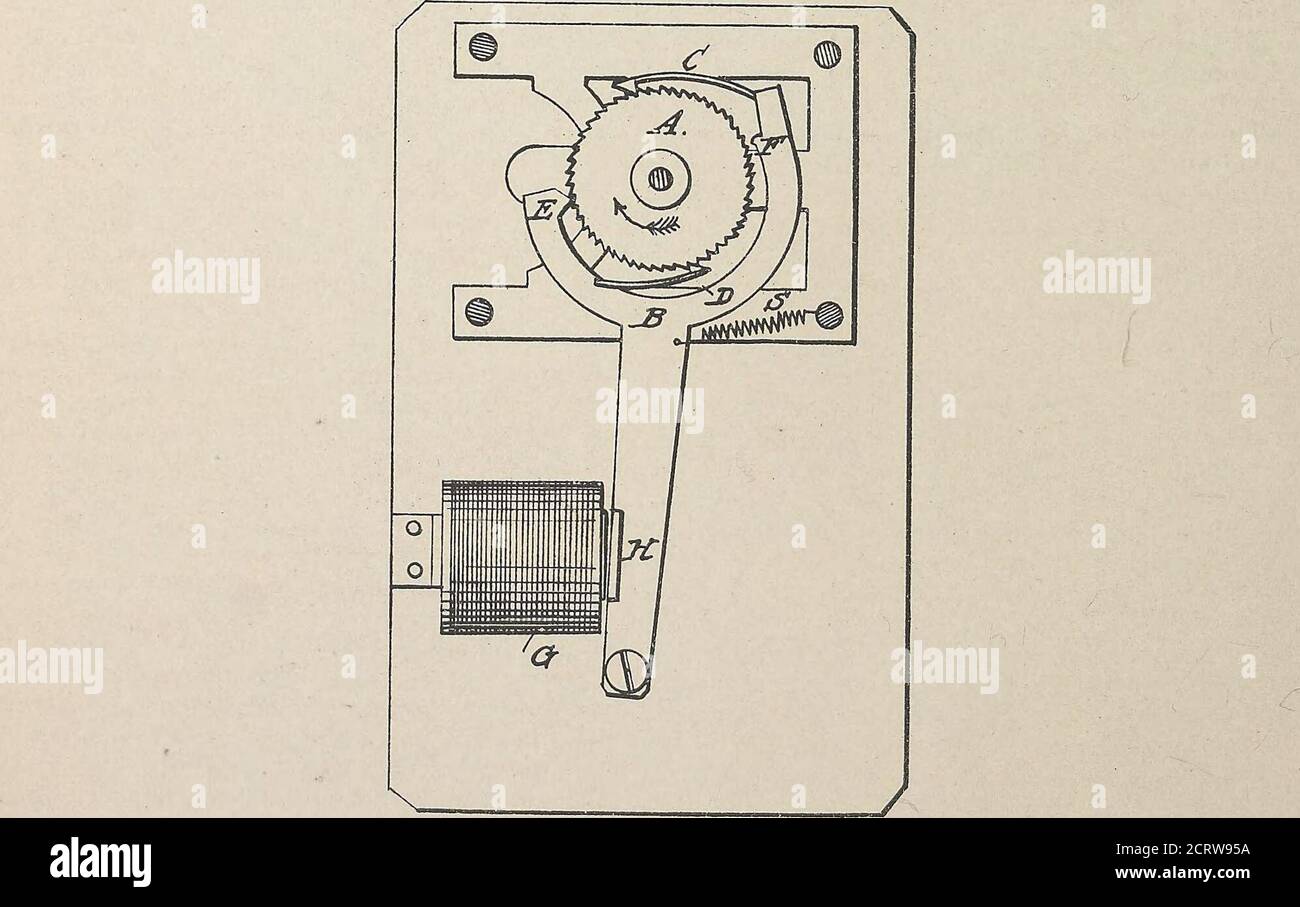 . Raccolta di brevetti statunitensi concessi a Thomas A. Edison, 1869-1884 . prolungamento della durata dell'ultimo invio corrente, indipendentemente dalla sua polarità. 2. Una ruota del tipo azionata o controllata dai movimenti di "to e di" di un'armatura polarizzata, sotto l'influenza di correnti positive e negative alternate di breve durata, in combinazione con un dispositivo di impressione alimentato o controllato da un'armatura neutra, quando la disposizione è tale che il tipo-ruota possa essere bloccato a qualsiasi carattere richiesto, ela armatura neutra messa in atto per effetto della stampa di tale carattere, da pro Foto Stock