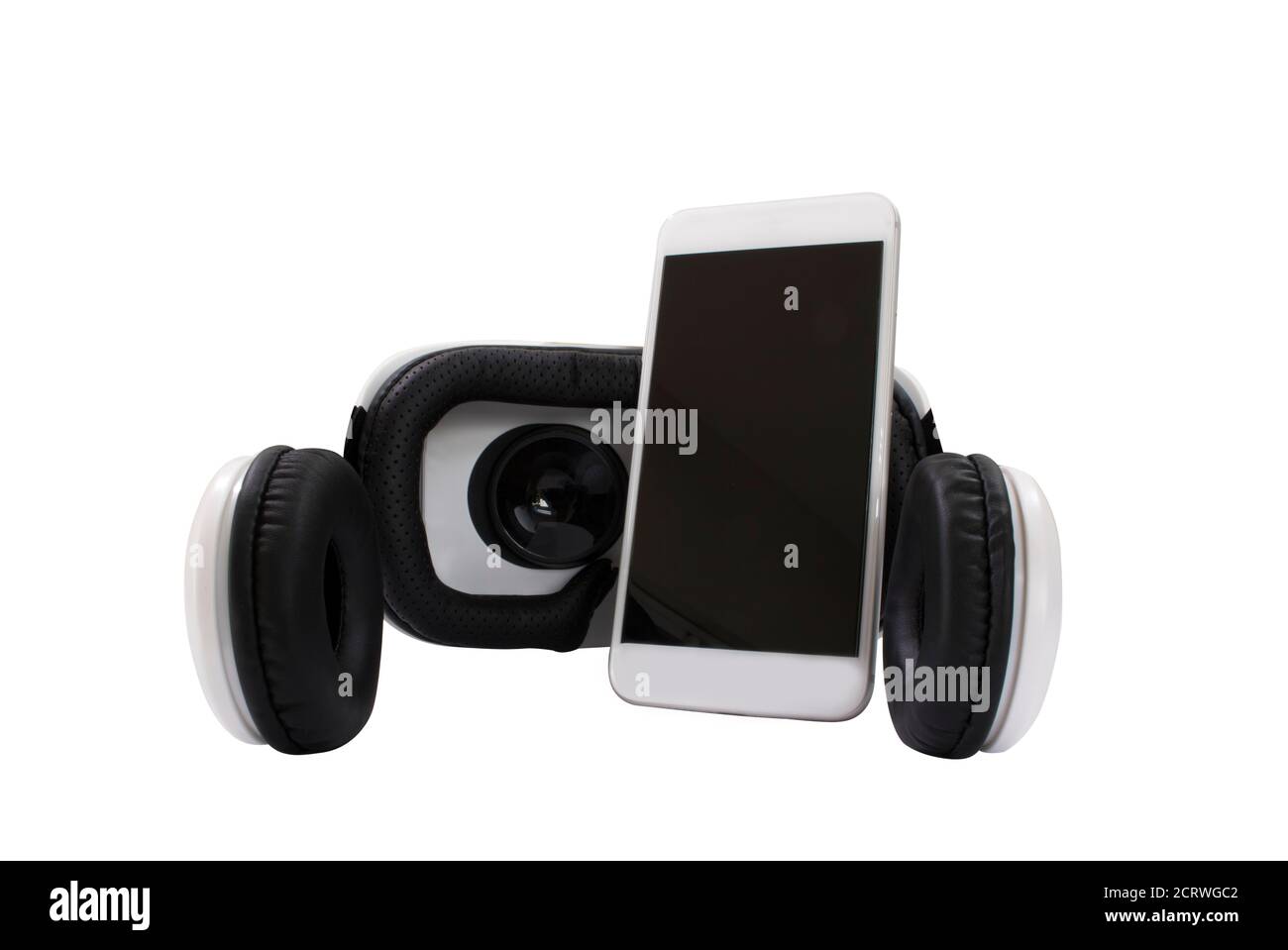 Occhiali VR o casco Virtual Reality Headset con cellulare isolato su sfondo bianco per immagini concettuali. Foto Stock