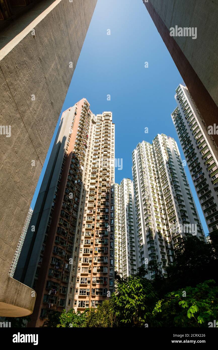Alti edifici residenziali e case di appartamenti a Hong Kong Foto Stock