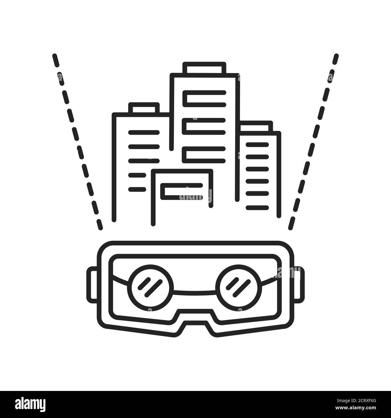 Icona della linea nera dell'architettura VR. Sviluppo di edifici virtuali. Industria intelligente. Pittogramma per pagina web, app mobile, promo. Elemento di progettazione GUI UI UX Illustrazione Vettoriale