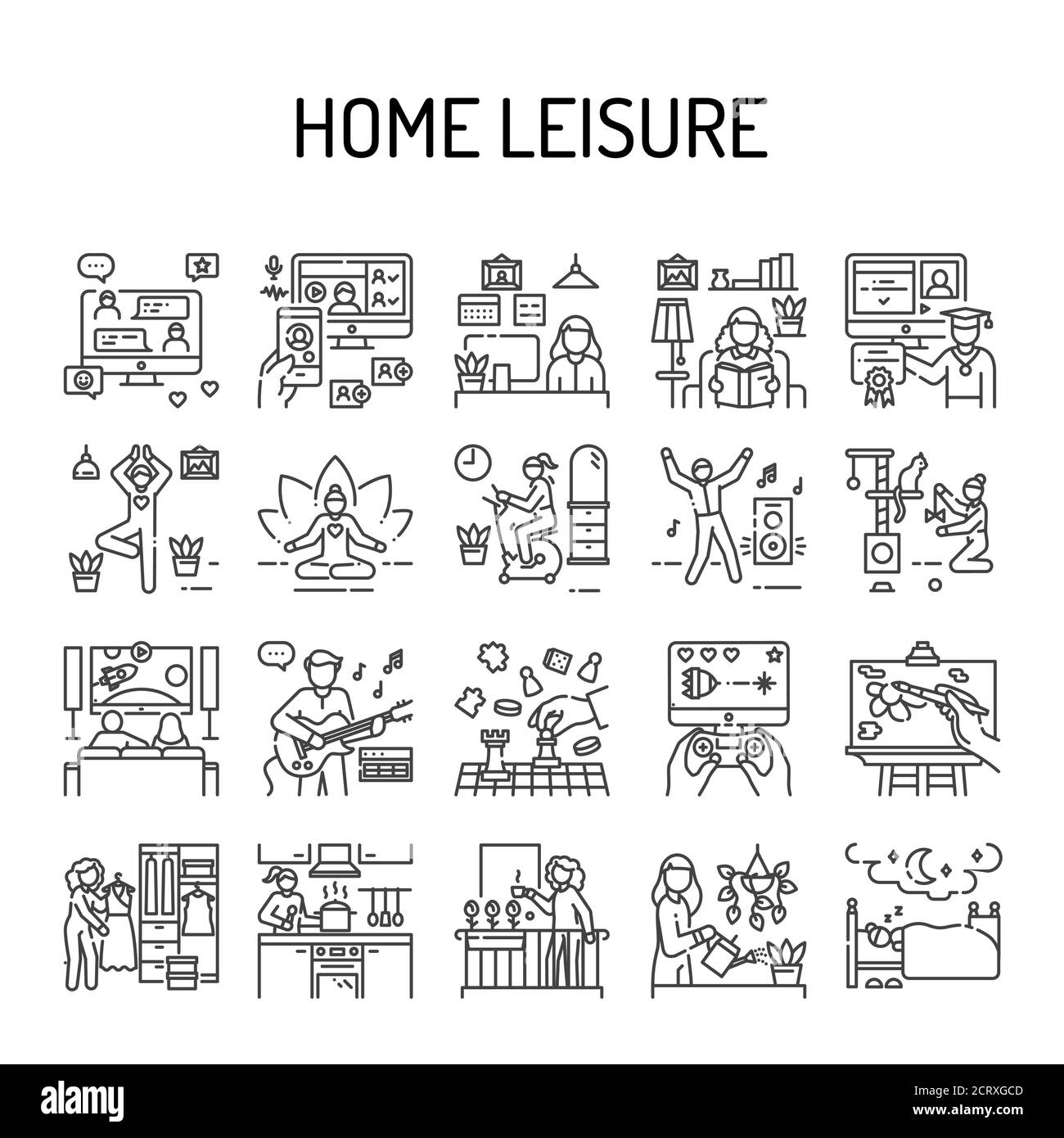Icona linea nera per il tempo libero a casa. Compiti e hobby: Danza, pulizia, cucina, yoga, e-learning. Illustrazione vettoriale isolata. Tratto modificabile Illustrazione Vettoriale