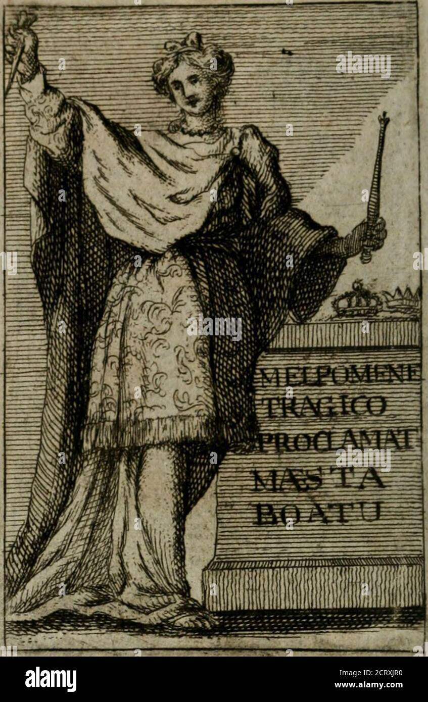 . Iconologie tirée de Divers auteurs. Ouvrage utilé aux gens de lettres, aux poëtes, aux artistes, & généralement à tous les amateurs des beaux-Arts . 1 MUSE. Thalie,/^ette troieme Mufe prefide a la Comedie, &ala poefie lyrique; on Lareprefente levifage riantcouronnee de lierre, tenant un mafque & une plume,& chaufT^e en brodecins. On li donne ce versde Virgile opufc. De MUF,Csmica lafuco gaudet fennone Thalia, o z sia ICONOLOGIE. USI. Melpomene. ^elle-ci pr^fide a la Trag^die, ainfe que Iexpique ce vers: Melpomene tragice proclamat moejla hoatu. On la peint dafped: Impofant, vetue a r Foto Stock