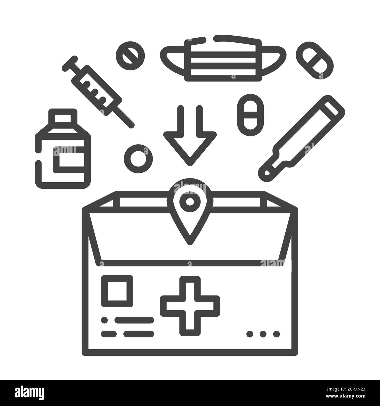 Icona della linea nera per la somministrazione dei medicinali. Acquisto e consegna di merci dalla farmacia. Firma per pagina Web, app. Elemento di progettazione GUI UI UX. Tratto modificabile Illustrazione Vettoriale