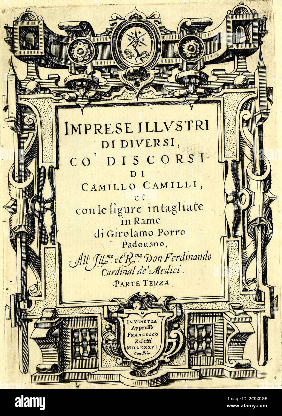. Imprese illustri di diuersi, coi percorsi di Camillo Camilli, et con le figure intagliate in rame di Girolamo Porro Padouano .. . ALESSANDRO V ISTARINO. Foto Stock
