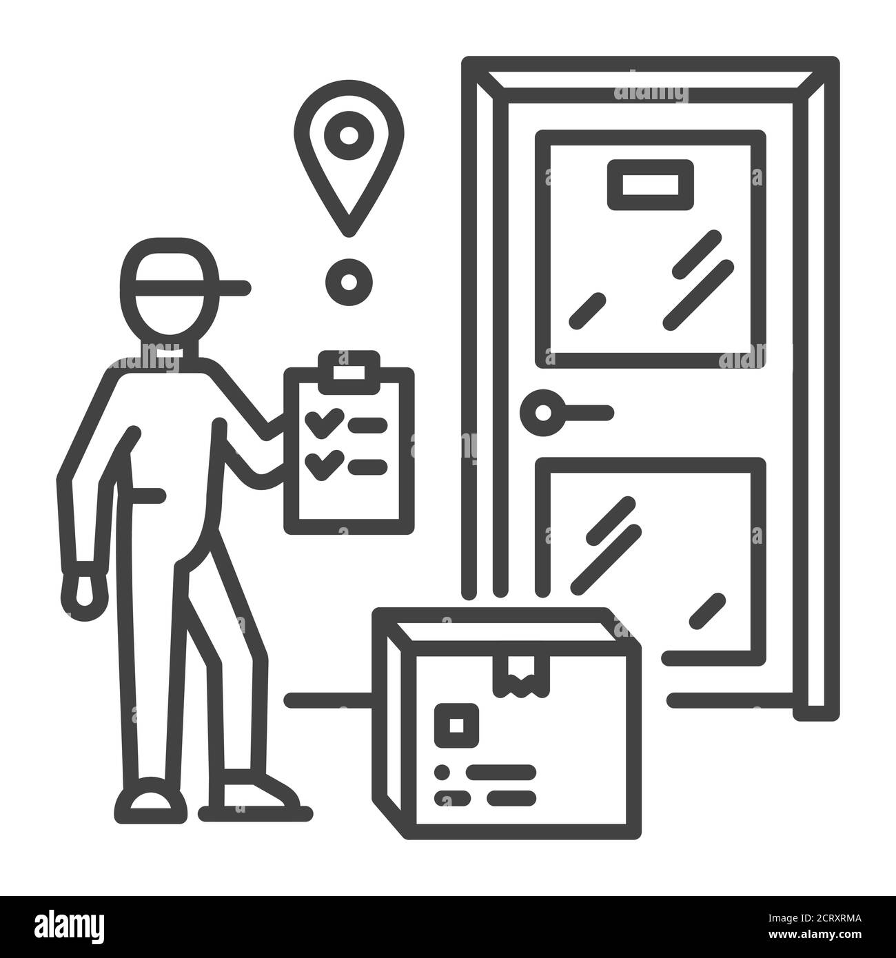 Icona della linea nera per la consegna del corriere sotto la porta. Rimani a casa. Firma per pagina Web, app. Elemento di progettazione GUI UI UX. Tratto modificabile. Illustrazione Vettoriale