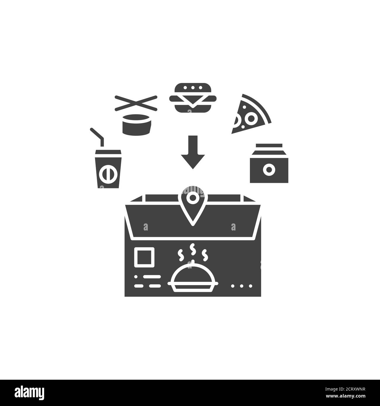 Icona glifo nero per la consegna degli alimenti. Scatola aperta con fast food. Firma per pagina Web, app. Elemento di progettazione GUI UI UX Illustrazione Vettoriale