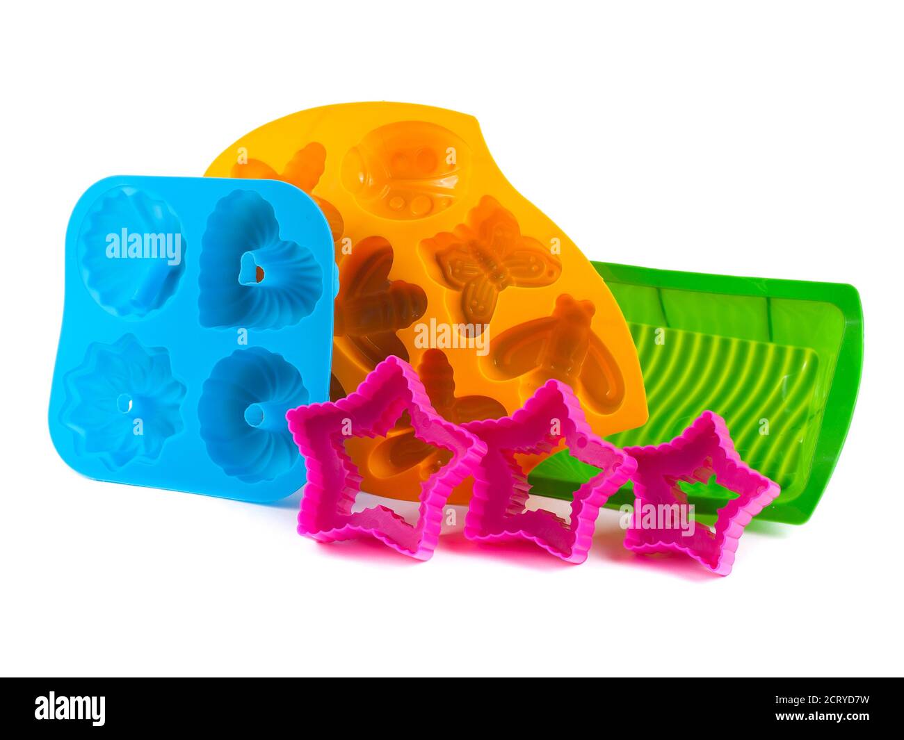 Alcune pentole in silicone su bianco studio isolato Foto Stock
