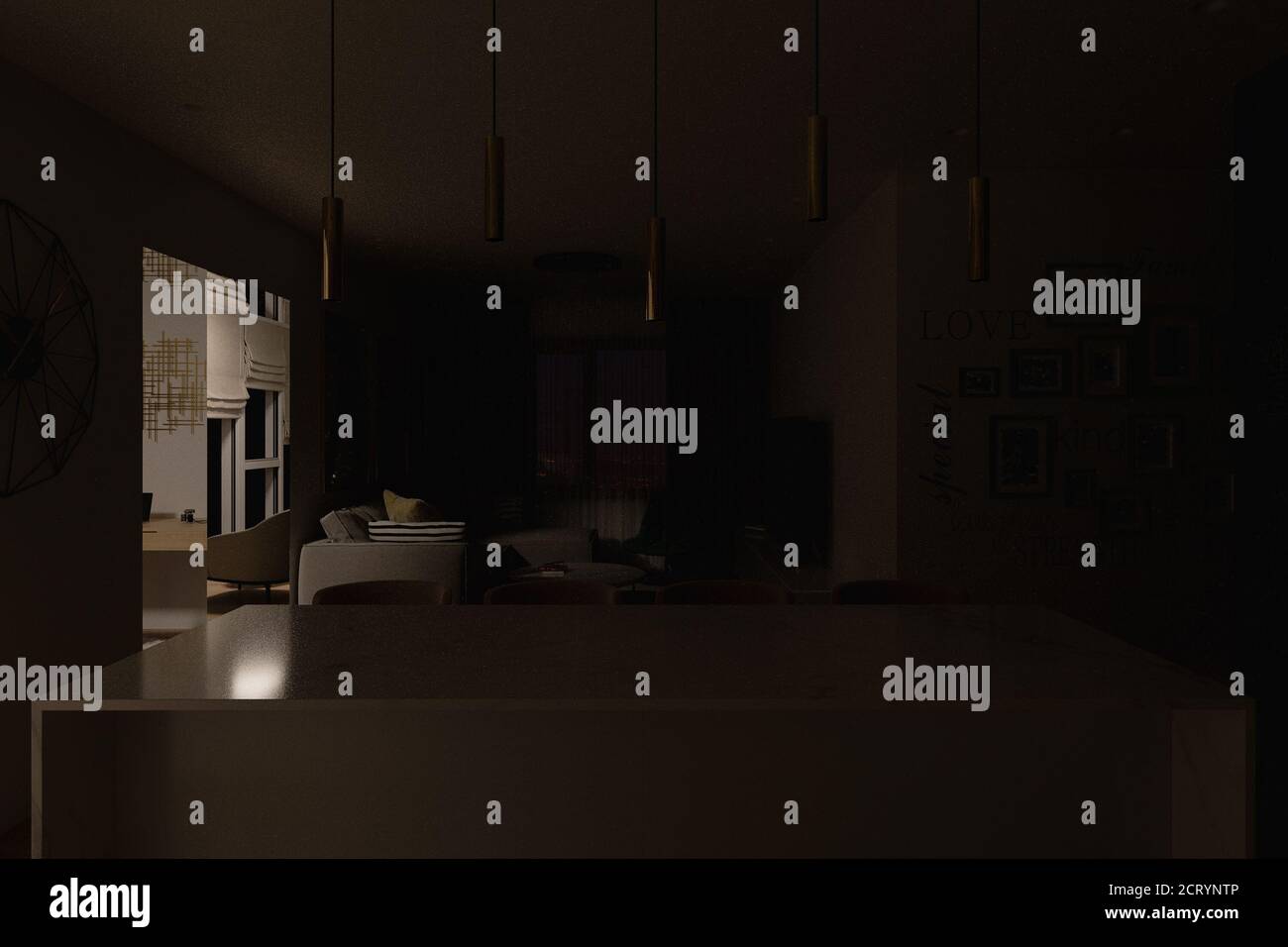 illustrazione in 3d di un soggiorno interno e di una cucina con luce notturna Foto Stock
