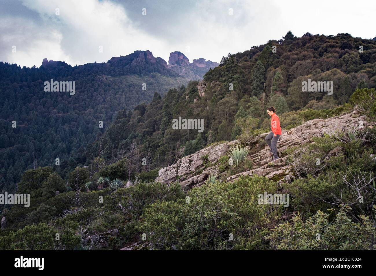 Donna escursionista che cammina lungo la collina rocciosa durante il giorno nuvoloso Foto Stock