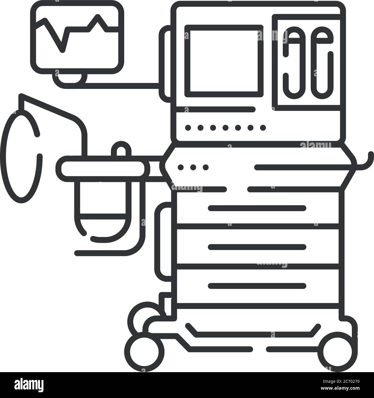 Icona nera della linea della macchina per anestesia. Attrezzatura per il concetto di chirurgia medica. Accedi alla pagina Web, app mobile. Elemento isolato vettoriale. Illustrazione Vettoriale