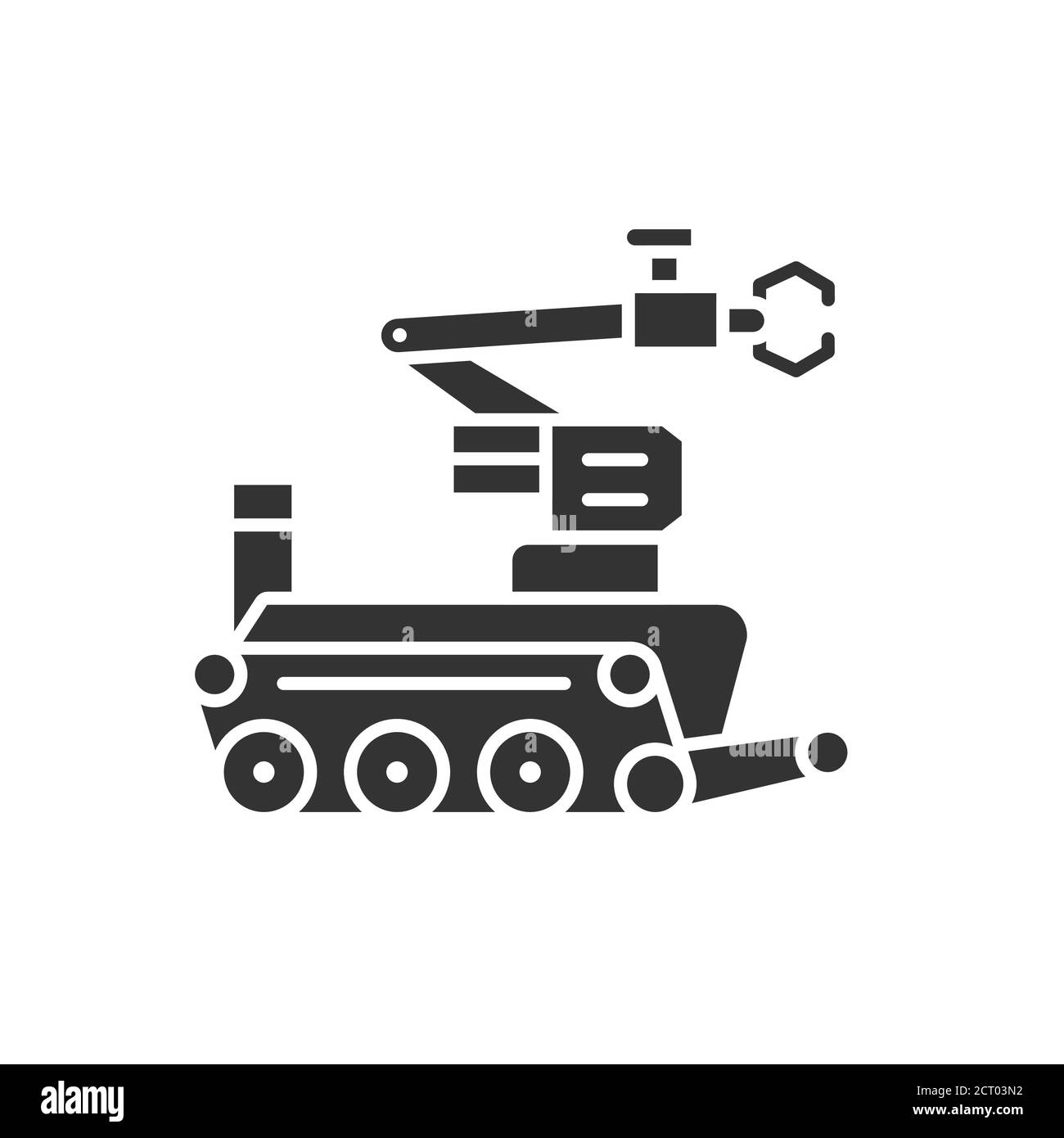 Icona glifo nero robot militare. Robot per lo smaltimento di bombe o ordigni esplosivi EOD. Innovazione tecnologica. Firma per pagina Web, app. GUI UI UX Illustrazione Vettoriale