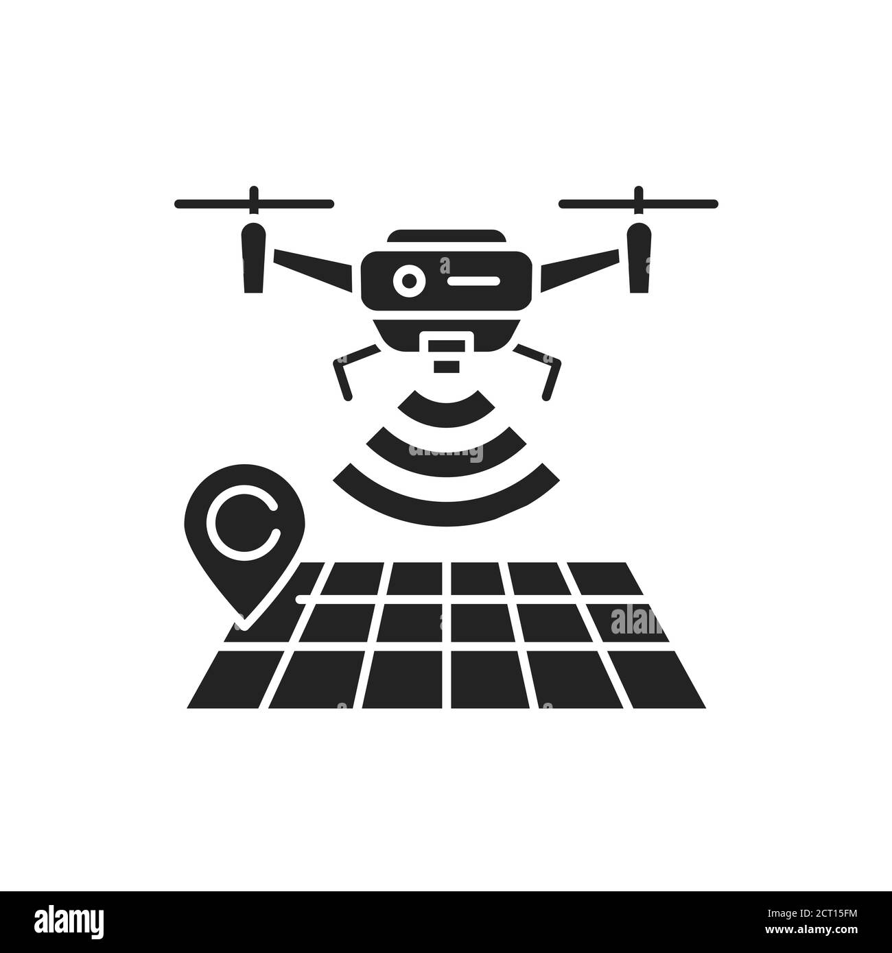 Drone tracking nero glifo icona. Simbolo di navigazione GPS. Mappa interattiva e quadricotteria. Concetto di dispositivo per aeromobili. Iscriviti per la pagina Web, l'app mobile, il banner Illustrazione Vettoriale