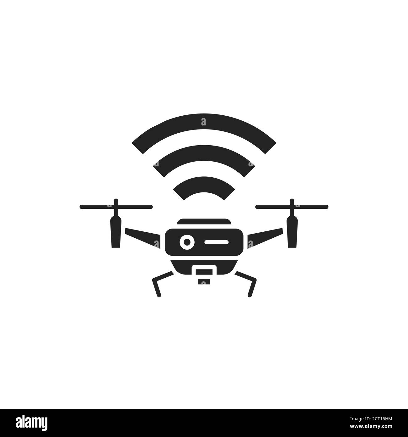 Quadricopter drone con icona glifo nero delle onde radio. Concetto di dispositivo per aeromobili. Controllo senza equipaggio. Servizio di consegna. Accedi alla pagina Web, app mobile Illustrazione Vettoriale