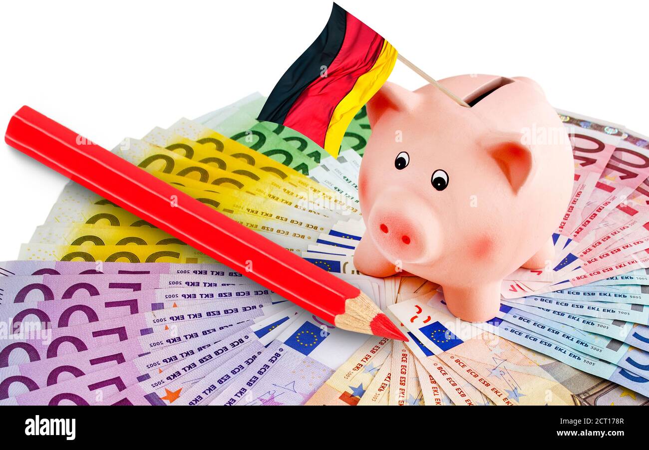 Euro con il salvadanaio e bandiera tedesca Foto Stock