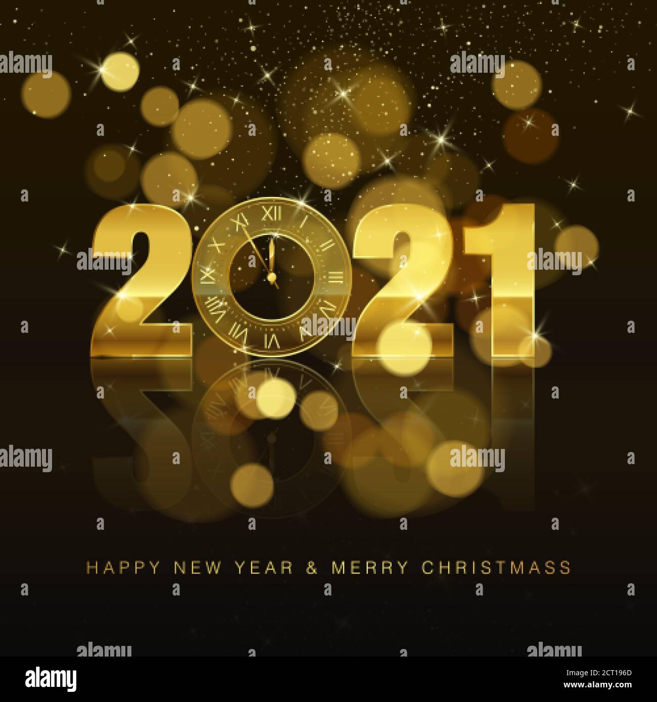 Poster del nuovo anno con testo di benvenuto. Orologio d'oro invece di zero nel 2021. Elemento di decorazione per le feste per banner o invito. Conto alla mezzanotte delle festività Illustrazione Vettoriale