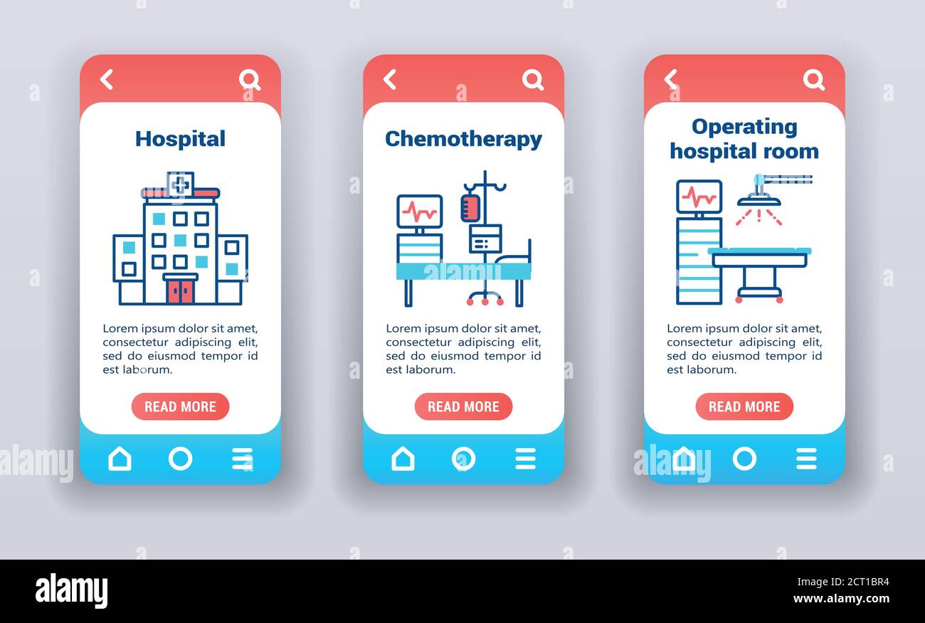 Trattamento del cancro sugli schermi di onboarding delle app mobili. MODELLO GUI UI UX. Illustrazione Vettoriale