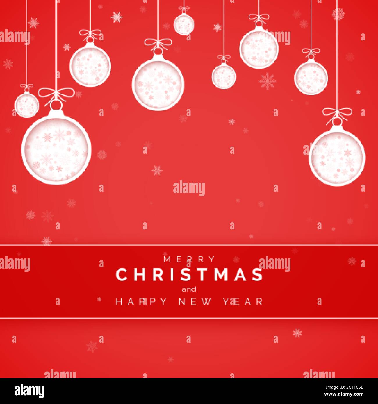 Coperchio del biglietto d'auguri stilizzato per il nuovo anno. Taglia palle di Natale in carta su sfondo rosso con fiocco di neve all'interno. Elementi decorativi per le vacanze. Vettore Illustrazione Vettoriale