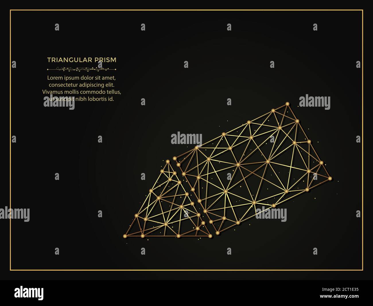 Immagine astratta triangolare prisma dorato su sfondo scuro. Modello poligonale a forma geometrica composto da linee e punti. Illustrazione Vettoriale
