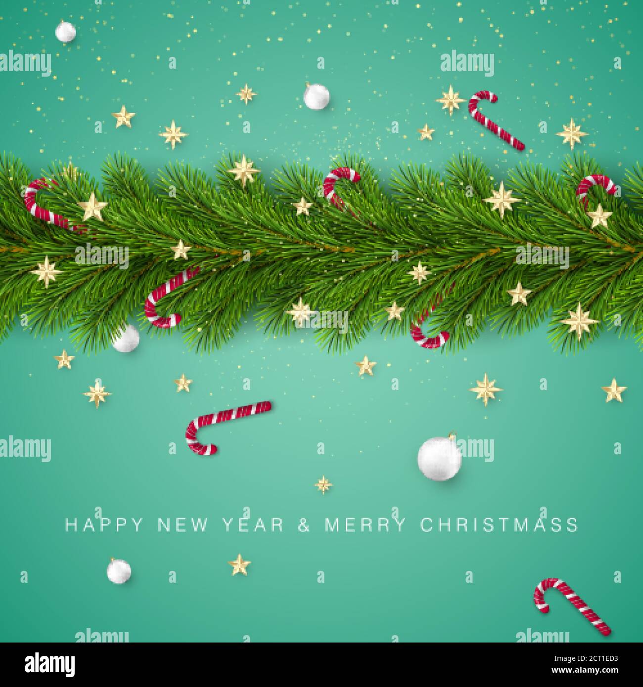 Buon Natale e Felice Anno Nuovo. Rami dell'albero di Natale decorati con stelle dorate e fiocchi di neve, canne caramelle e palline bianche di Natale. Vacanze Illustrazione Vettoriale