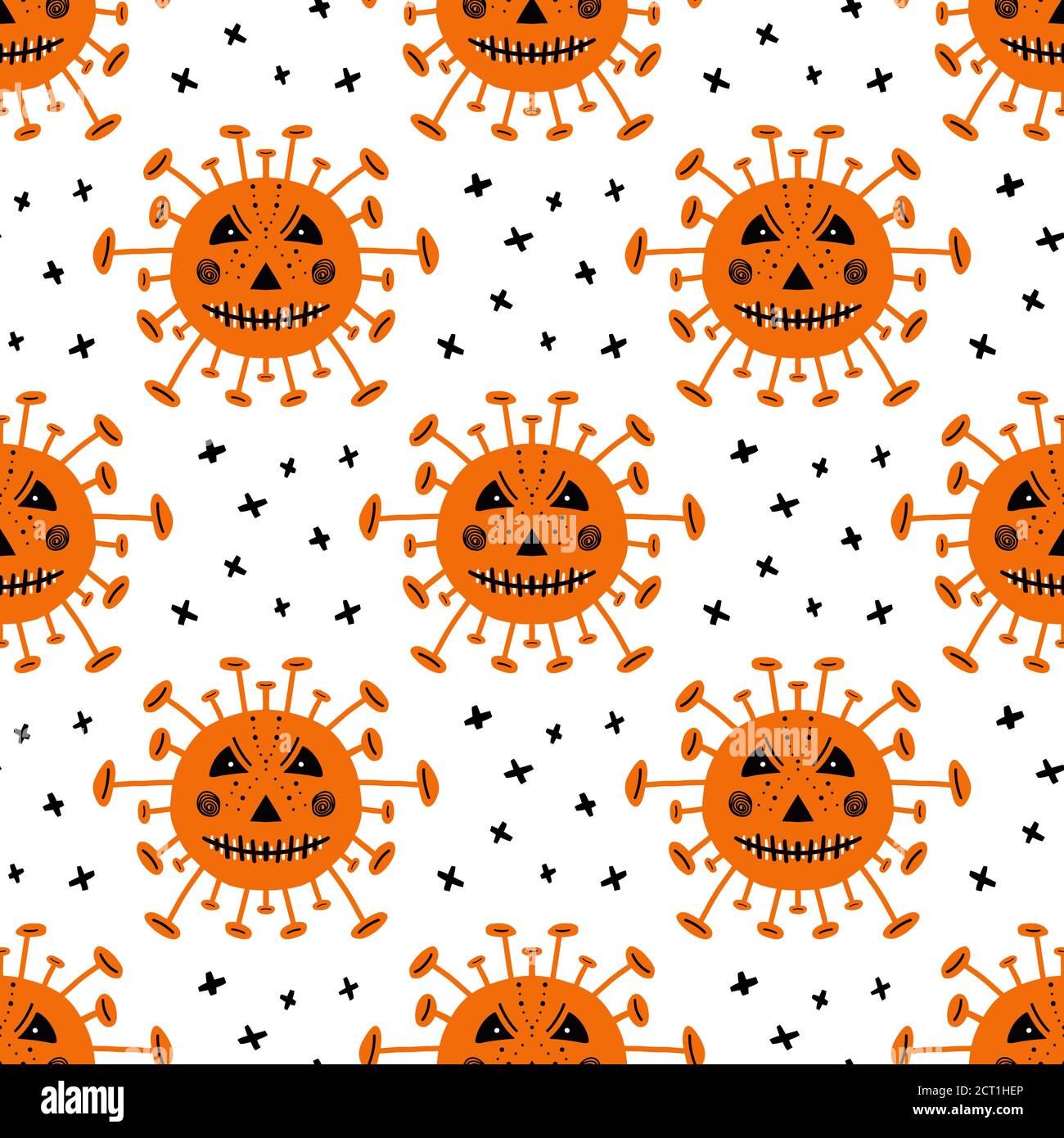 Batteri del coronavirus con faccia spaventosa e croci. Modello senza cuciture Halloween. Isolato su sfondo bianco. Illustrazione di stock vettoriale. Illustrazione Vettoriale