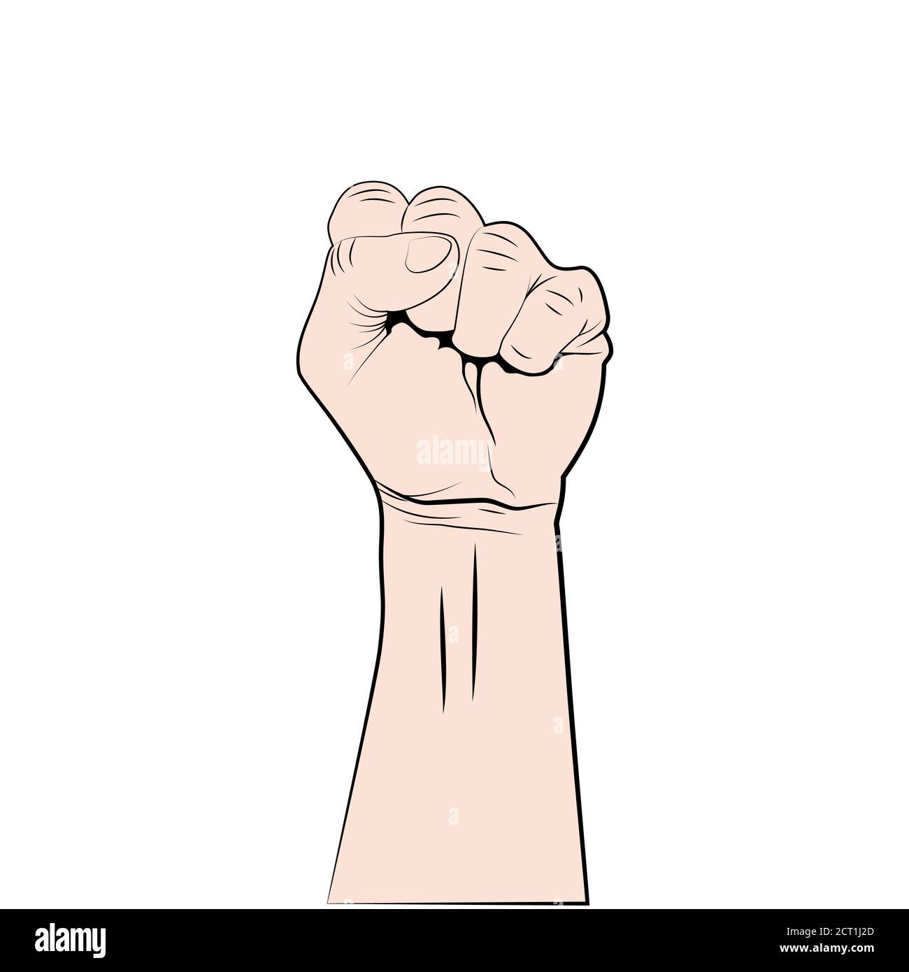 Fist up - simbolo di protesta, rivoluzione o forza. Mano rialzata isolata su sfondo bianco. Firma del concept. Vettore Illustrazione Vettoriale
