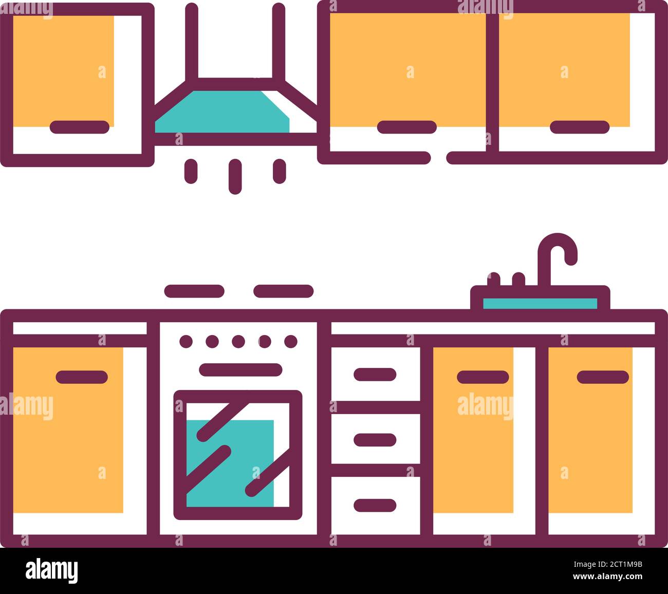 Icona della linea di colori dell'interier della cucina. Una stanza nella casa utilizzata per la cottura e la preparazione di cibo. Pittogramma per pagina web, app mobile, promo. GUI UI UX Illustrazione Vettoriale