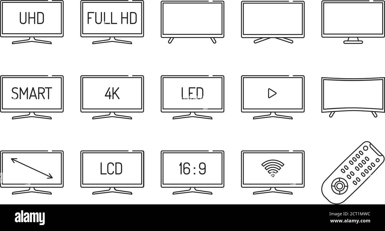 Icone della linea nera del televisore impostate. Ricevere i segnali di trasmissione e trasformarli in immagini e audio. Diversi tipi di display tv. Pittogramma per la pagina Web Illustrazione Vettoriale