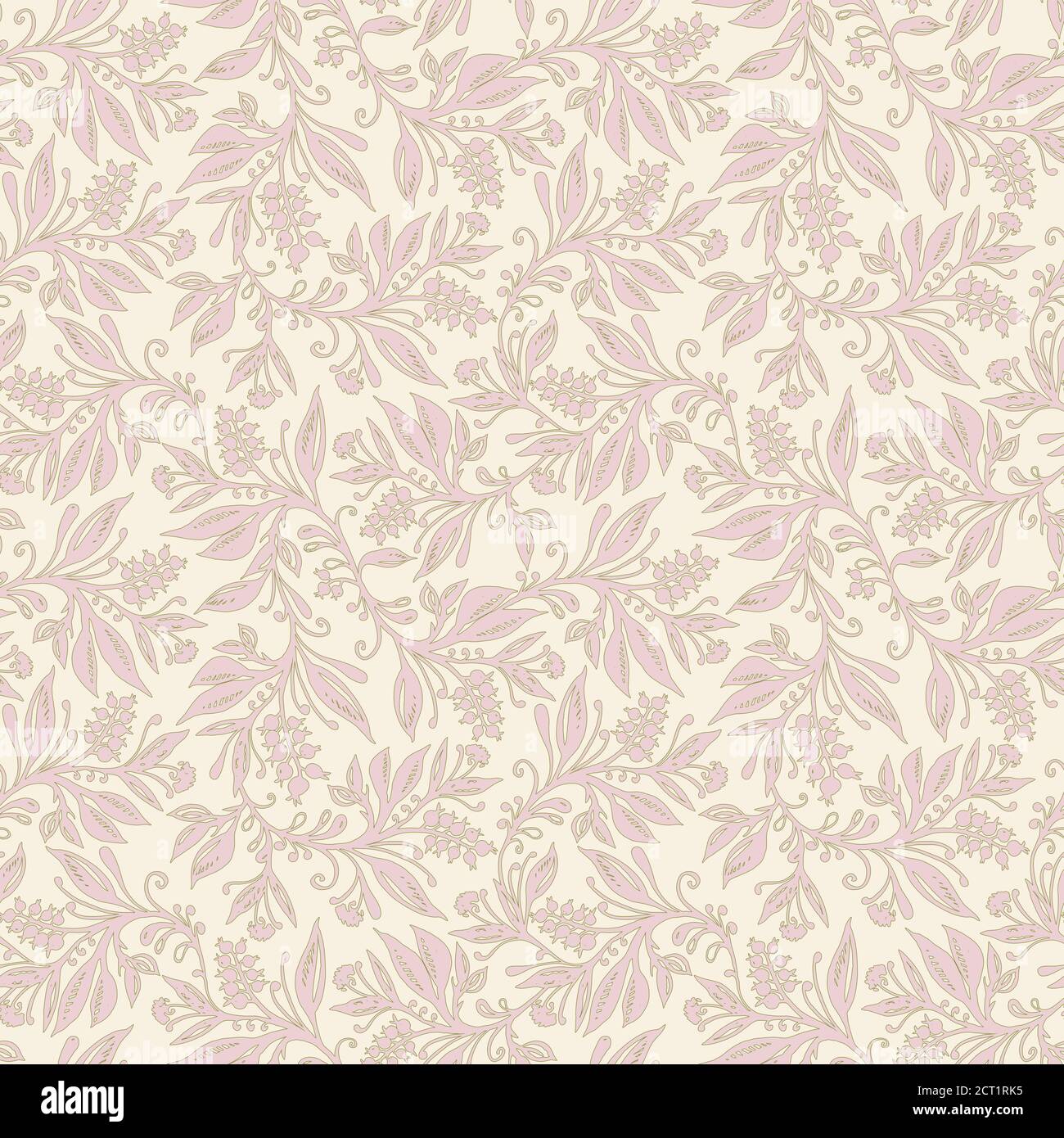 Motivo floreale senza cuciture con foglie e bacche in verde chartreuse tavolozza rosa, disegnata a mano e digitalizzata. Design per carte da parati, tessuti, tessuti. Illustrazione Vettoriale