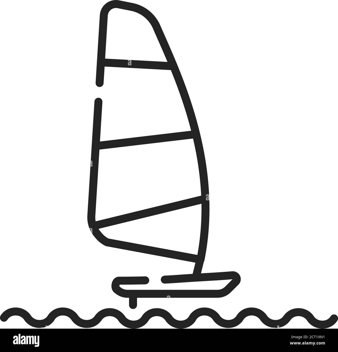 Icona della linea nera per windsurf. Sport d'acqua di superficie. Combina elementi di surf e vela. Pittogramma per pagina web, app mobile, promo. GUI UI UX Illustrazione Vettoriale