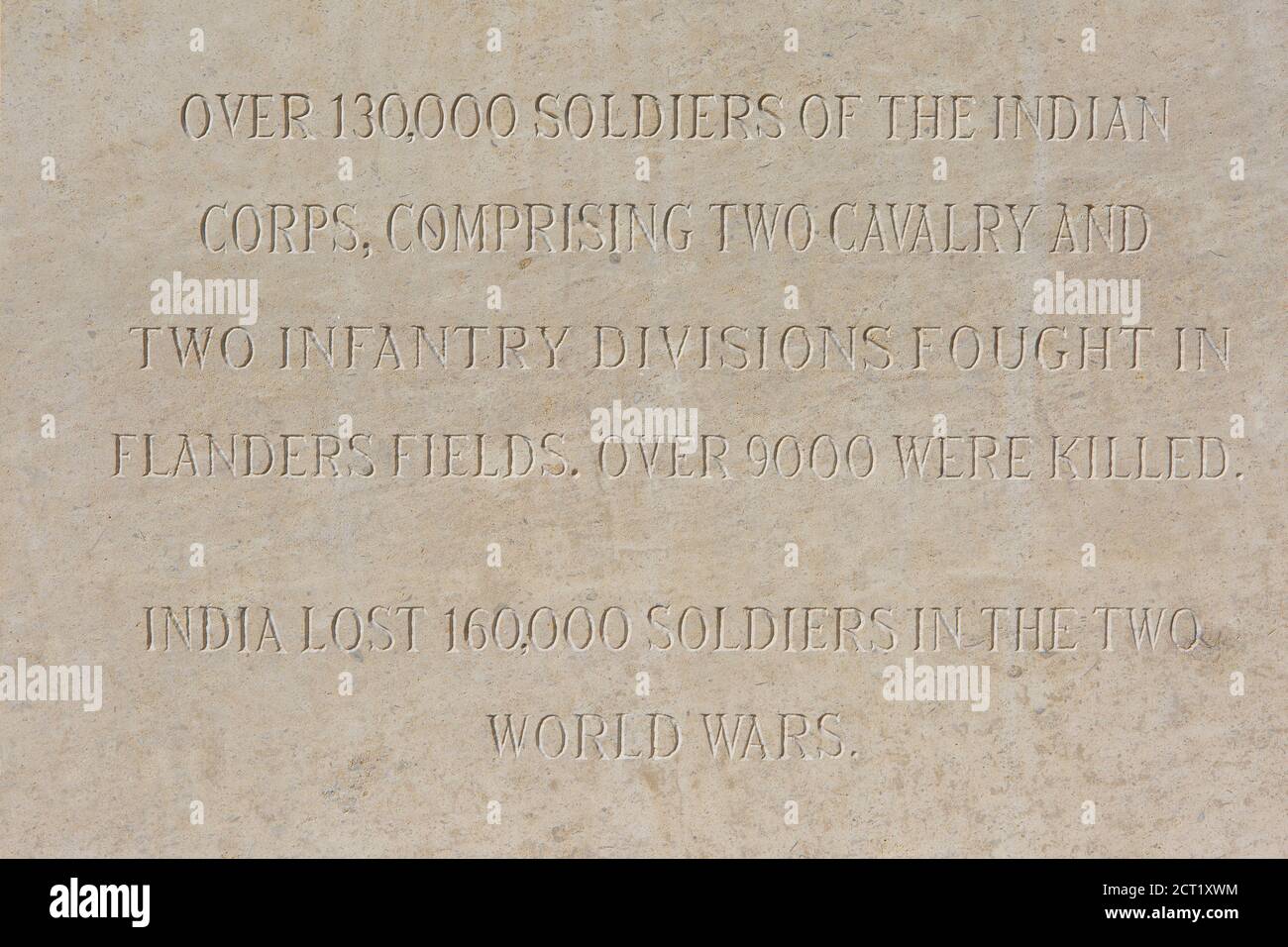 Lapide commemorativa al Memorial per le forze indiane che combattevano durante la prima guerra mondiale a Ypres, Belgio Foto Stock