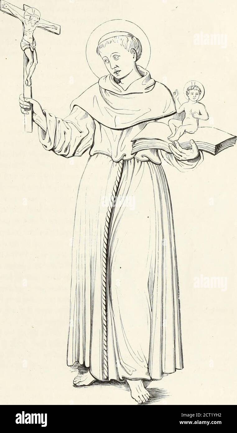 . Caractâeristiques des Saints dans l'art populaire . erge (cursus Maria-nus) ; et cet Office fut éta-bli ensuite dans toutesles maisons des Char-treux. Saint Grégoiiuî évêqueDE Tours (cf Châsse,p. 20Z|). Tenant en mainou offrant à Dieu sonlivre De cjloria marty-nim ; ou peut être celuiqui a pour titre De mi-raculis sangli Mariini,car on dit quil rédigeace dernier écrit daprèslordre du Ciel. San Éloi évêque DeNoyon (cfr Châsse, p.2Qli; Cheval). On la quelquefois peint avant son épi-scopat, travaillant dans son atelier dorfèvre avec un livreouvert près de lui; pour pouvoir y jeter les yeux d Foto Stock