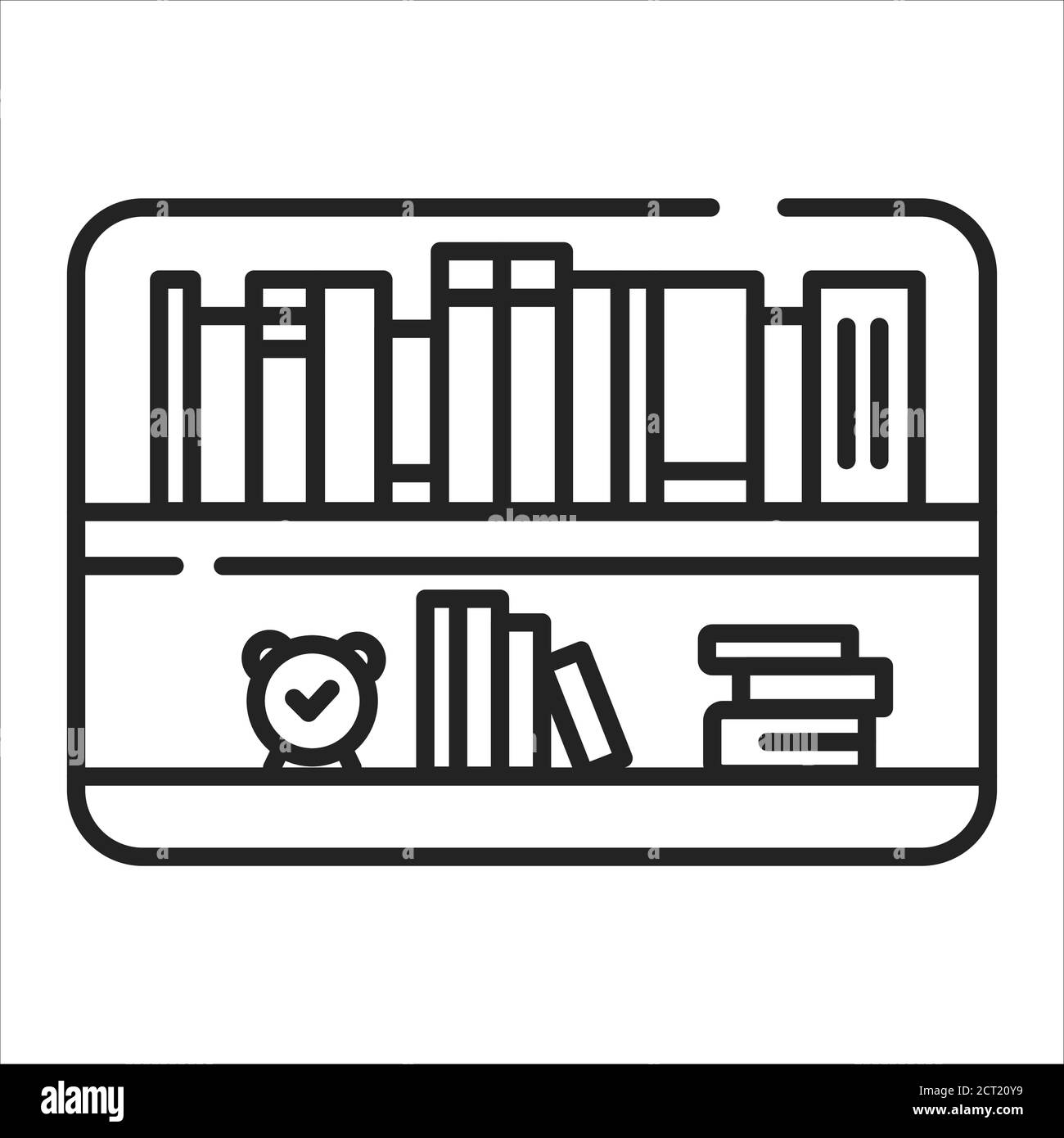 Icona della linea nera della libreria. Mobili con ripiani orizzontali, spesso in un armadio, utilizzati per conservare libri o altri materiali stampati. Pittogramma per il Web Illustrazione Vettoriale