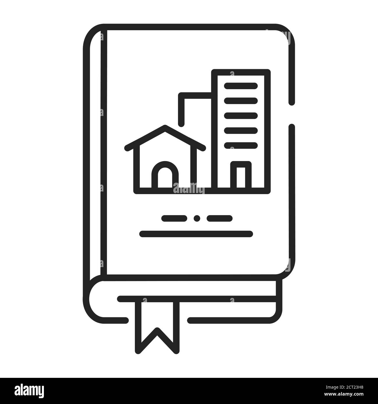 Icona della linea nera del libro immobiliare. Lercing circa gli edifici o l'alloggiamento in generale. Pittogramma per pagina web, app mobile, promo. Elemento di progettazione GUI UI UX Illustrazione Vettoriale