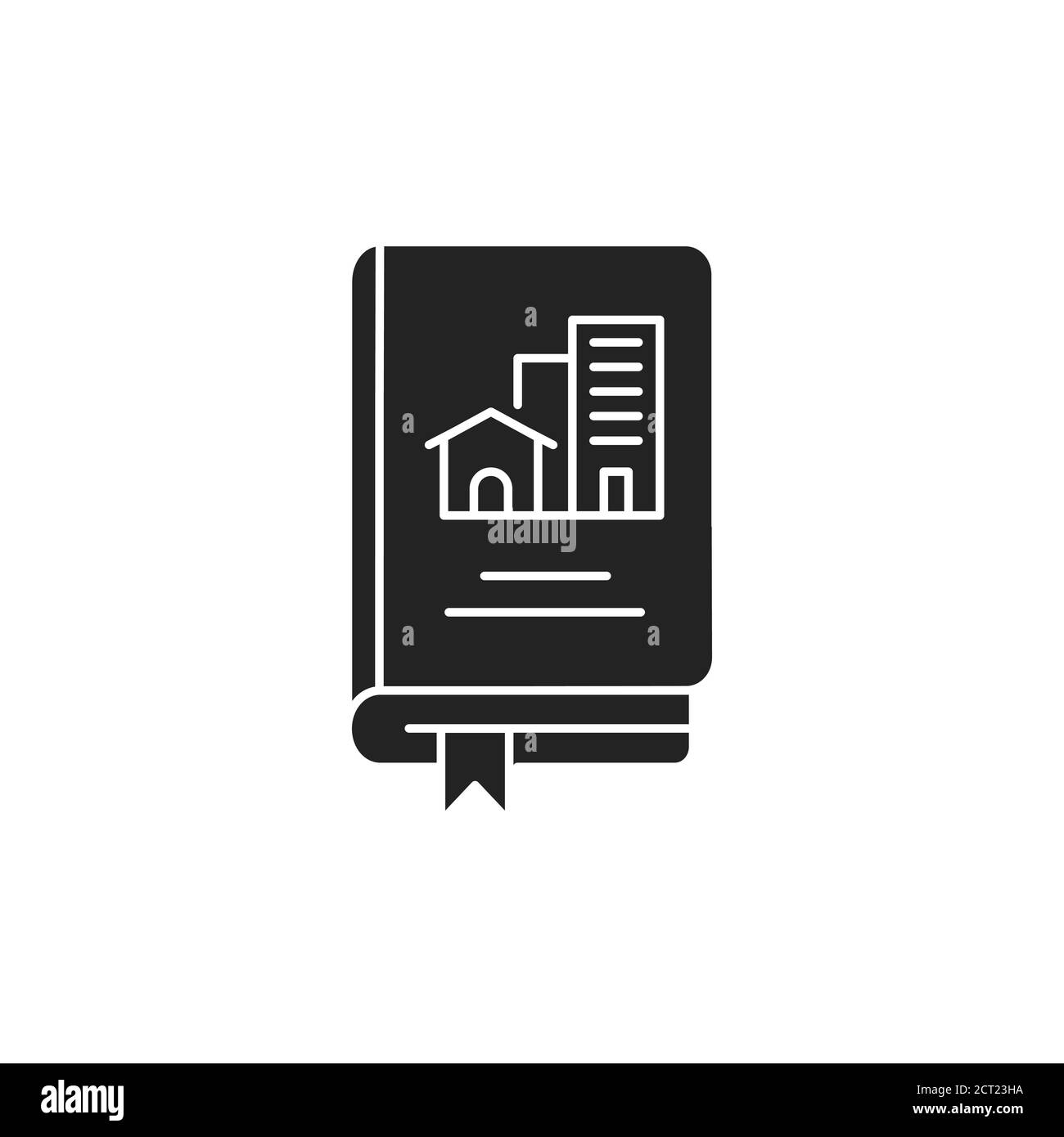 Libro immobiliare glifo nero icona. Lercing circa gli edifici o l'alloggiamento in generale. Pittogramma per pagina web, app mobile, promo. Elemento di progettazione GUI UI UX. Illustrazione Vettoriale