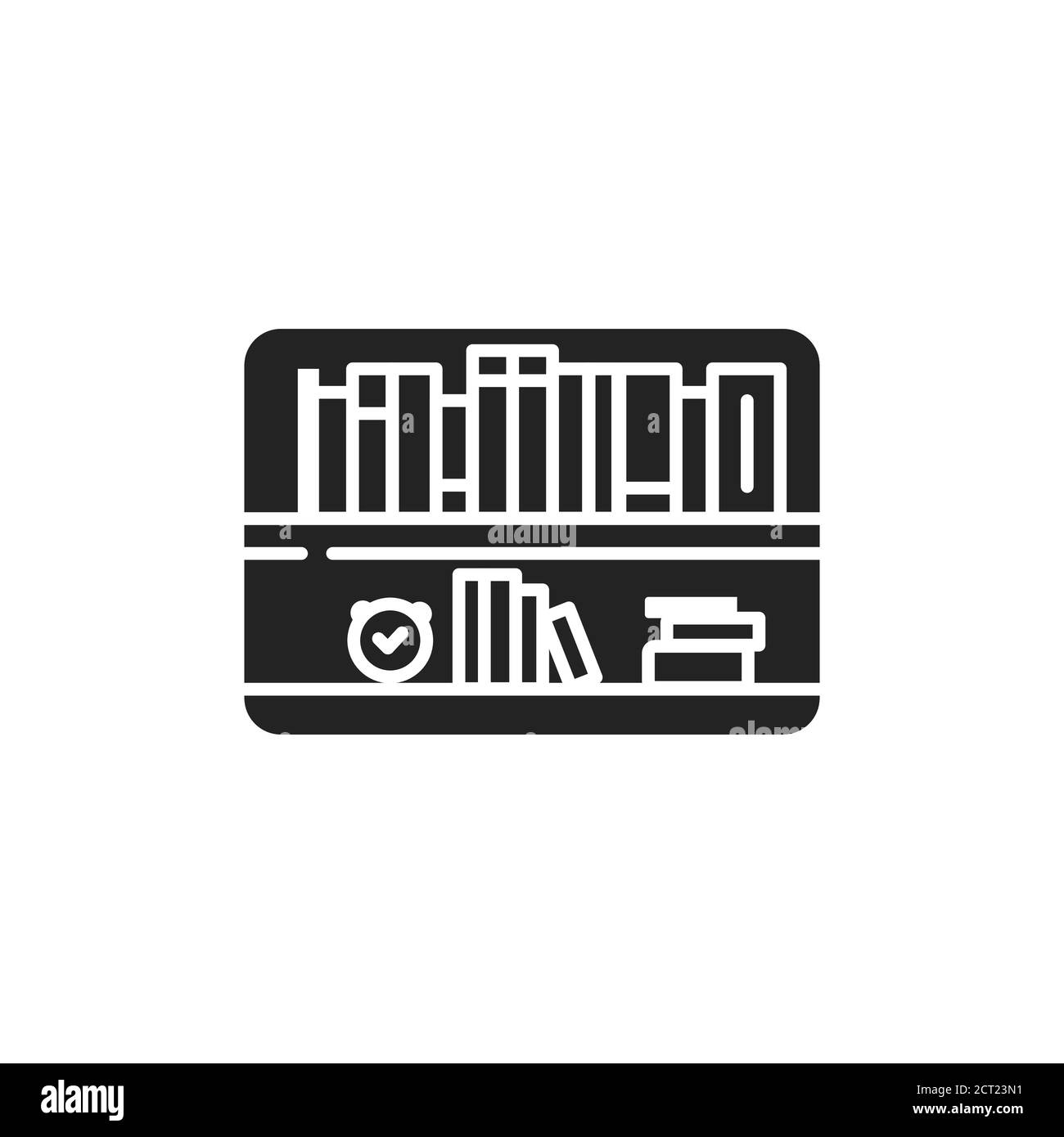 Icona glifo nero Libreria. Mobili con ripiani orizzontali, spesso in un armadio, utilizzati per conservare libri o altri materiali stampati. Pittogramma per il Web Illustrazione Vettoriale
