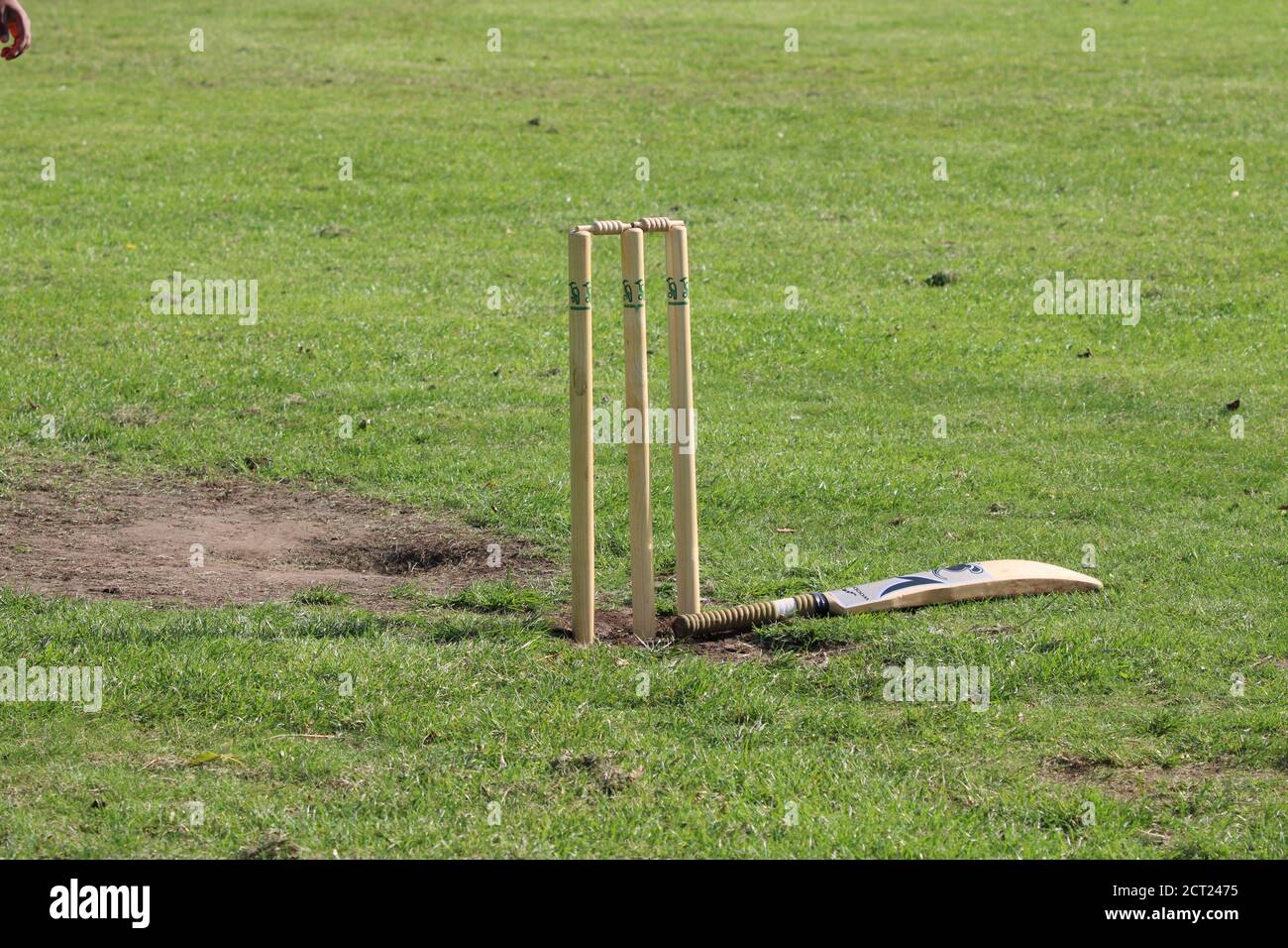 Cricket Wicket e Bat a terra in un parco Foto Stock