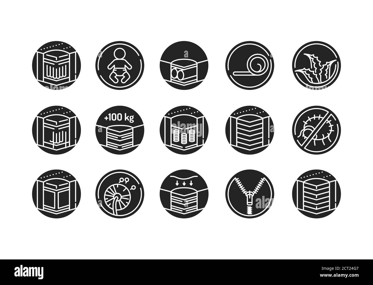 Le icone lineari del materasso impostano l'icona glifo nera. Diversi tipi di materassi. Pittogramma per pagina web, app mobile, promo. Elemento di progettazione GUI UI UX. Illustrazione Vettoriale
